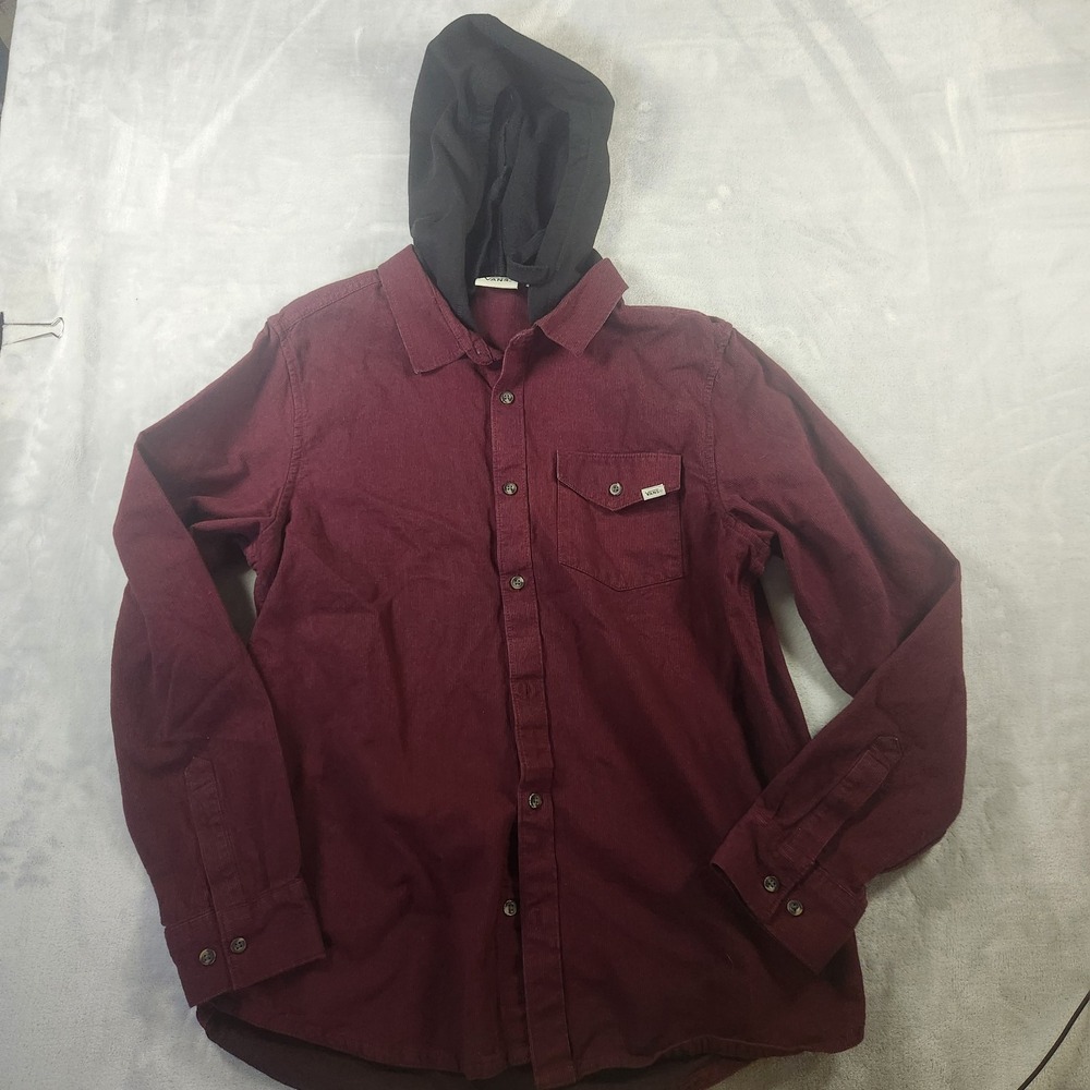 Vans Shirt Mens Med Red HOODED Corduroy Button Up Skater Overshirt Pockets Y2K